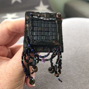 80s Mixed Media Artisan Modernist Leather Beaded Brooch Pin